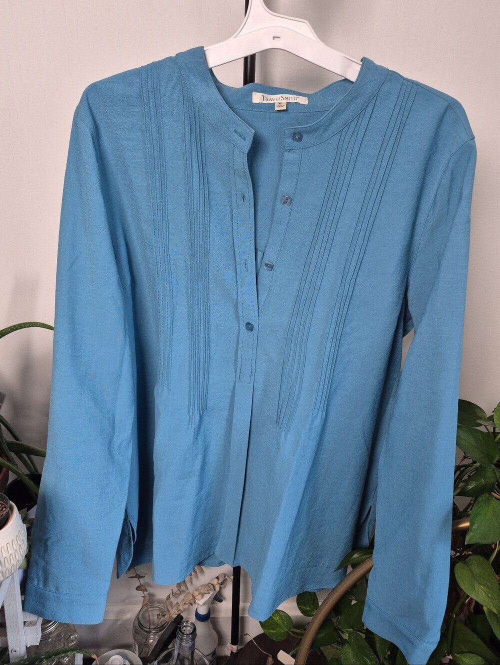 TravelSmith Teal Button-Front Tunic Top